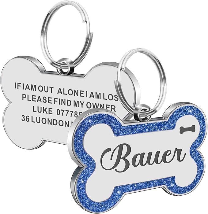 Dog Tags Personalized for Pets Dog Name Tags Personalized Dog Tag Engraved with Any Name & Text Custom Dog ID Tags Glitter Bone ID Tag for Puppy Cat (Blue S, Bone)