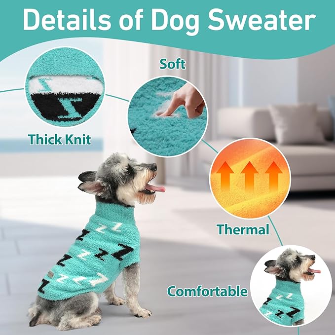 Dog Sweaters for Small Dogs Boy Girl Dog Pullover Sweater Cold Weather Cable Knitwear Thick Warm Outfits for Small Dogs (Turquoise-M)