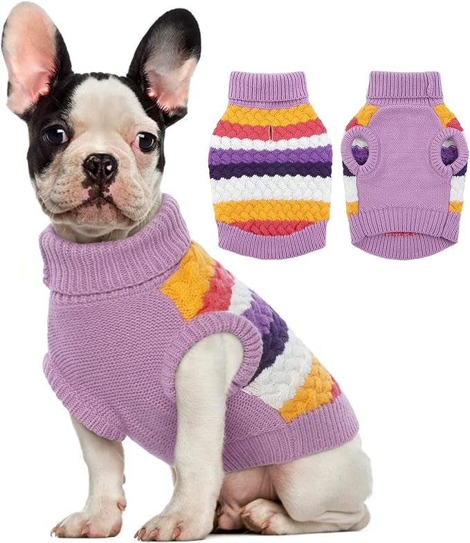 Kuoser Dog Sweater, Thermal Dog Sweaters for Medium Dogs Girl Boy, Puppy Christmas Sweater Thrtleneck Knitwear, Cozy Sweaters for Dogs, Thanksgiving Pet Outfit Warm Clothes for Fall Winter, Purple M