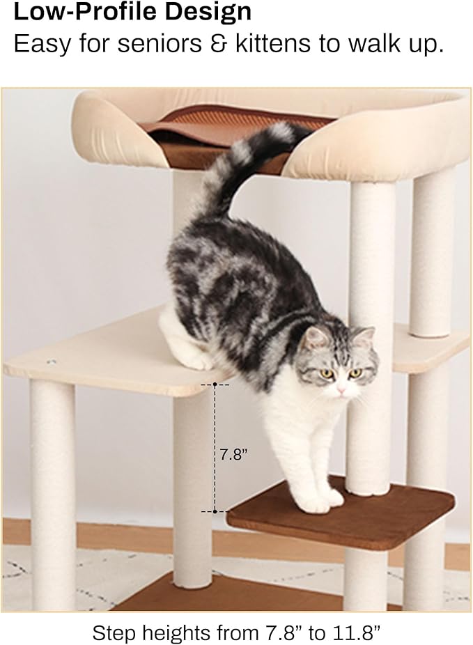 LULUCAT Modern Cat Tree for Large Cats, 37.5-Inch Tall Cat Tree Tower with Wide Shelves Low Step Cotton Scratching Posts, Super Sturdy Base, Cozy Perches, and Interactive Toys for Indoor (95cm White)