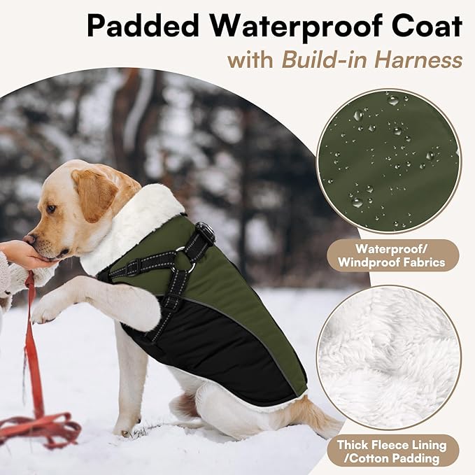 Queenmore XXL Dog Jacket with Harness Built-in, Winter Coat for Large Sized Dogs, Warm Puffer Jacket, Cold Weather Outdoor Snow Parka Coat - Fleece Lined Waterproof High-Vis Easy On Green/Black