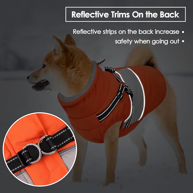 SUNFURA Dog Winter Coat, Waterproof Dog Coat Jacket with Harness for Medium Dogs Boys Girls, Reflective Fleece Lined Pet Snow Jacket Sweaters for Pug, Jack Russel, Boston Terrier, Orange M