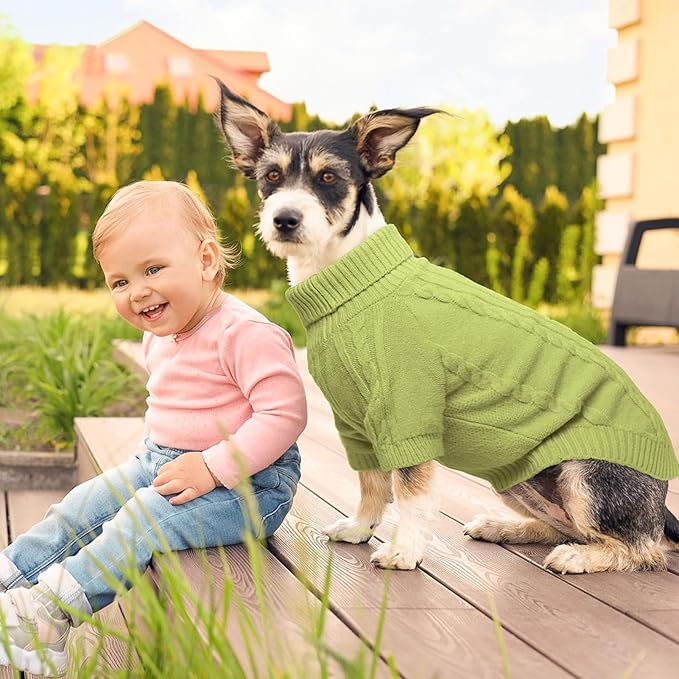 BEAUTYZOO Small Dog Sweater-Dog Sweatshirt Pullover Cable Knit Wear Classic Turtleneck Thick Cold Weather Clothes for Small Dogs, Medium Dogs, Puppies,Green Cable M (Back: 16", Chest: 21", Neck: 13")
