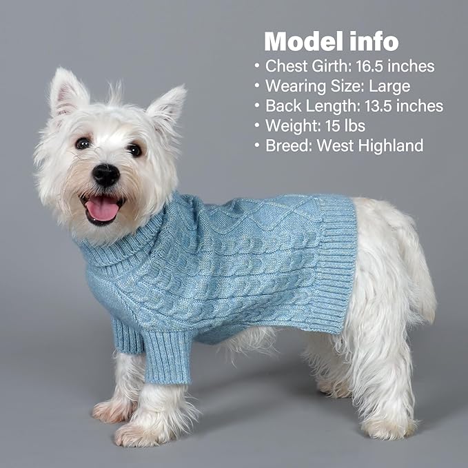 KYEESE Dog Sweater Stretchy Pet Coats, Soft Classic Cable Knit Dog Sweater for Small Dogs Turtleneck Small Dogs Sweaters with Long Sleeve for Cold Weather, Blue, Medium