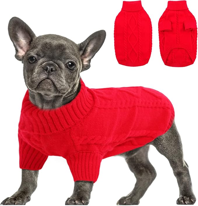 Queenmore Small Dog Pullover Sweater, Cold Weather Cable Knitwear, Classic Turtleneck Thick Warm Clothes for Chihuahua, Bulldog, Dachshund, Pug (Red, X-Small)