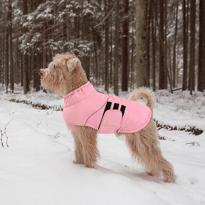 Peferhouse Dog Winter Coat - Warm, Windproof, Reflective Jacket with Harness Hole - Thick Dog Vest - Pink, Large