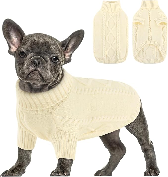 Queenmore Small Dog Pullover Sweater, Cold Weather Cable Knitwear, Classic Turtleneck Thick Warm Clothes for Chihuahua, Bulldog, Dachshund, Pug (White, X-Small)
