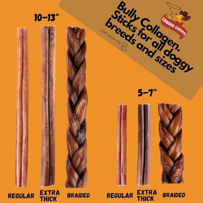 Cowdog Chews Beef Bully Stick: Odor-Free, Fully Digestible Beef Collagen Chews (9-12", 5 Count) - Natural, Grain-Free, Long-Lasting Collagen Bully Stick Substitute for All Dog Breeds