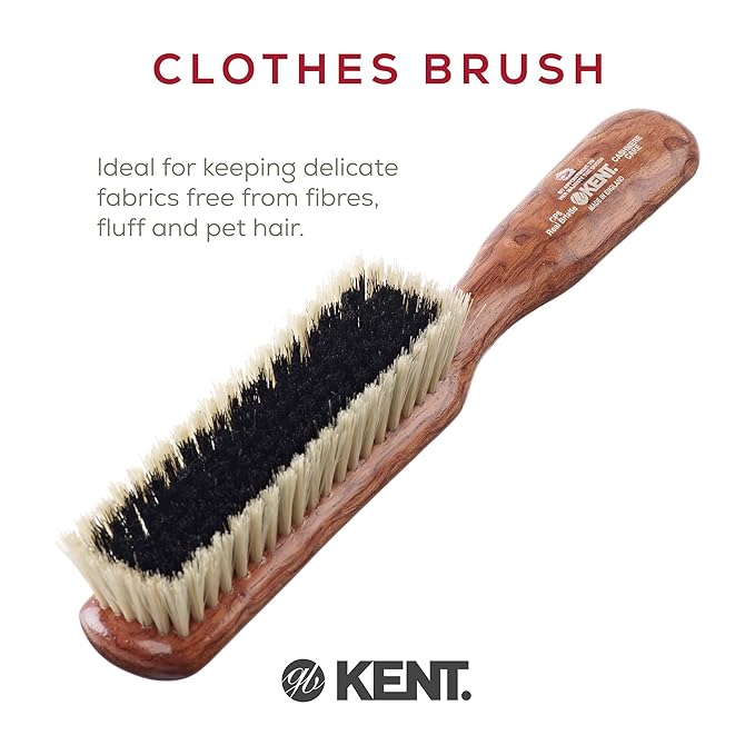 Kent CP6 Clothes Brush. 100% Natural Black & White Boar Bristle Lint Remover Especially for Cashmere, Wool and Silk for Keeping Delicate Fabrics Free from Fibres, Fluff and Pet Hair. Made in England