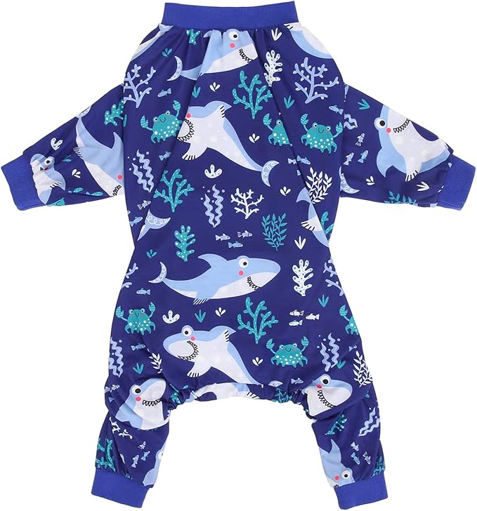 HDE Dog Pajamas One Piece Jammies Jumpsuit Pet Clothes Outfit Stretchy Lightweight Comfy Shirt Pjs for M-3XL Dogs Sharks - M