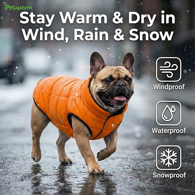 PetWarm Reversible Dog Cold Weather Coats, Waterproof Dog Puffer Vest, Vest for Dogs with Hook-and-Loop Strap, Windproof Outdoor Coat for Winter Walks and Snowy Days, Orange, M