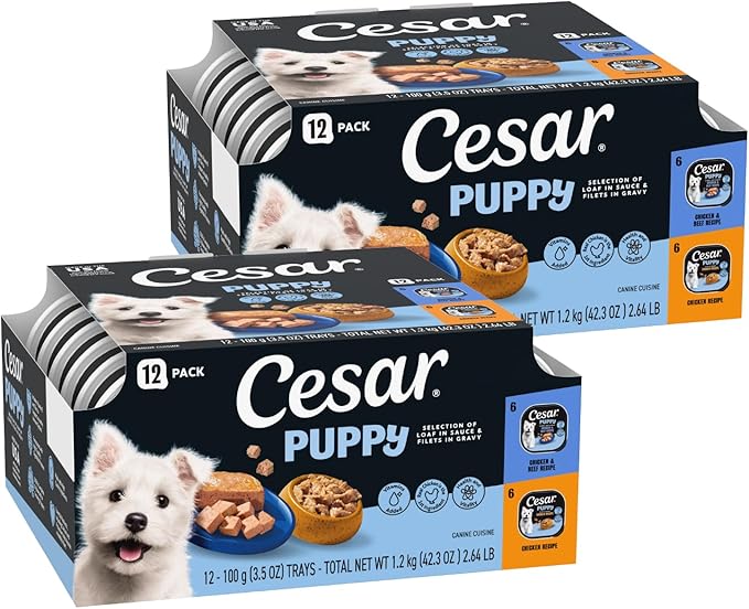Cesar Puppy Classic Loaf in Sauce and Filets in Gravy Wet Dog Food Variety Pack, Chicken & Beef and Chicken Recipes, 3.5 oz. Easy Peel Trays, Dog Food Toppers, 12 Count (Pack of 2)