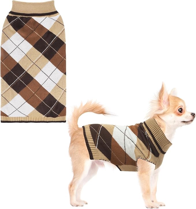 KOOLTAIL Dog Sweater Pet Knitted Clothes - Classic Plaid Pullover Turtleneck Thick Warm Fall Dog Sweaters with Leash Hole, Soft Winter Coats for Small Medium Large Dogs Cats Puppy Girls Boys, S