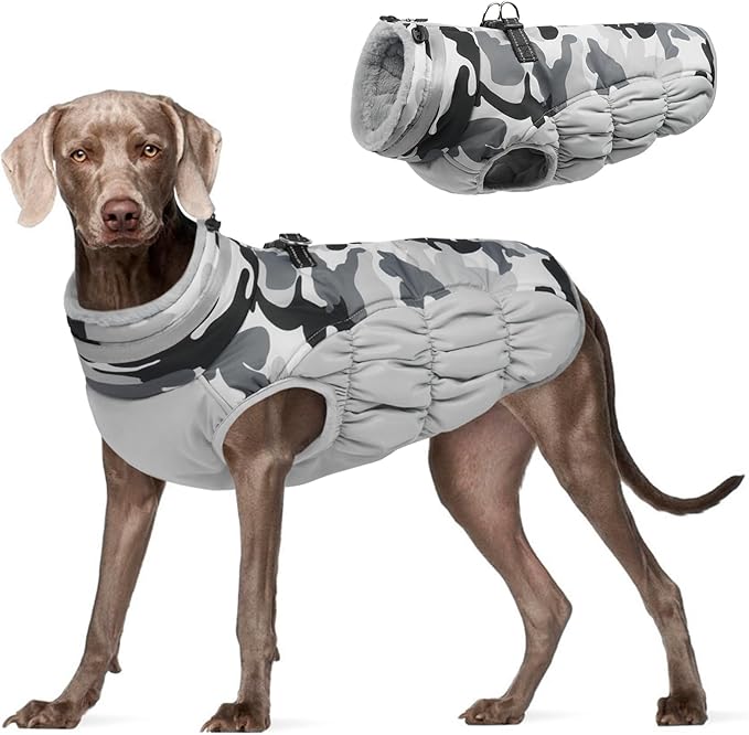 FUAMEY Dog Coat for Large Dogs,Waterproof Dog Winter Jacket with Harness Built in Puppy Cold Weather Coats Reflective Pet Vest with Zipper Warm Fleece Dogs Snowsuit Windproof Grey Camo XL
