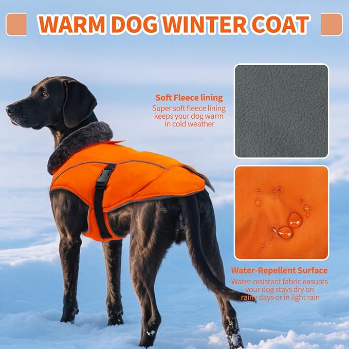 DENTRUN Winter Warm Dog Coat Reflective Jacket with Turtleneck for Cold Weather, Adjustable Buckle Windproof Water Repellent, Thick Snowsuit Fleece Vest for Small, Medium, Large Dogs, Orange, L
