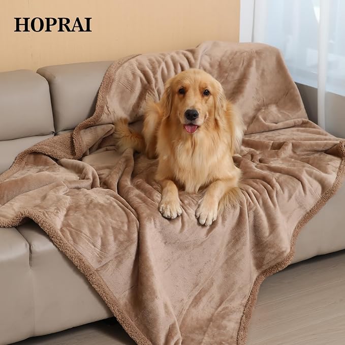 HOPRAI Waterproof Pet Blanket for Medium Large Dogs Washable Fluffy Thick Jacquard Shag Fleece Warm Sherpa Pet Blanket Cats Puppy Couch Protection (Light Coffee XXL85*85inches)