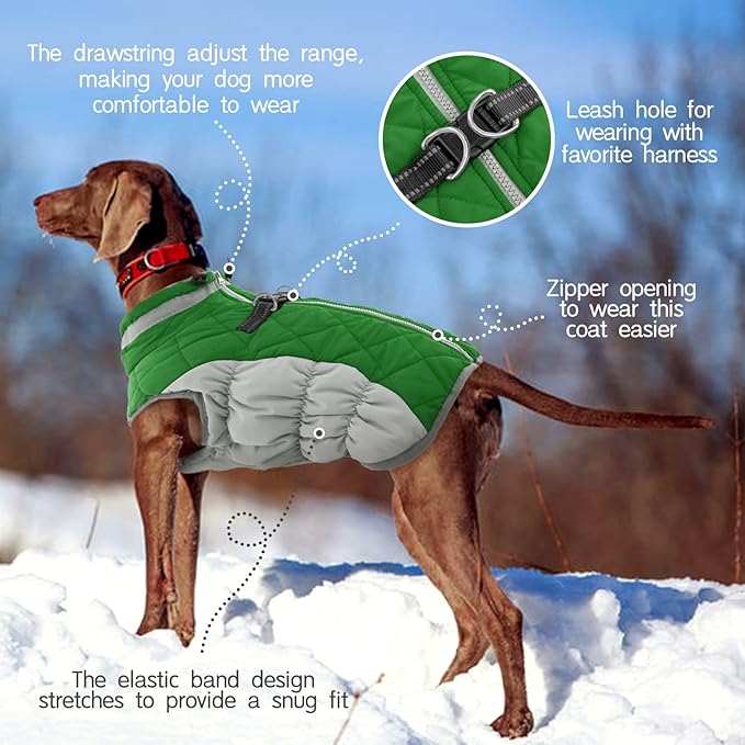 FUAMEY Dog Coat for Large Dogs,Waterproof Dog Winter Jacket with Harness Built in Puppy Cold Weather Coats Reflective Pet Vest with Zipper Warm Fleece Dogs Snowsuit Windproof Green XXL