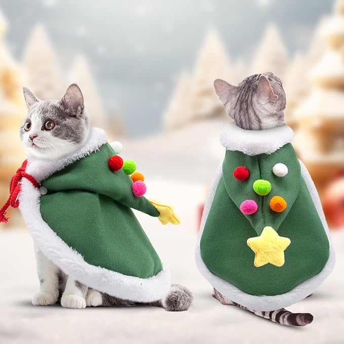 Cat Christmas Cape with Velvet Stars Hat, Small Dog Soft Thick Xmas Cloak, Pets Christmas Costume Dogs Cats Santa Claus Outfits for Goose, L
