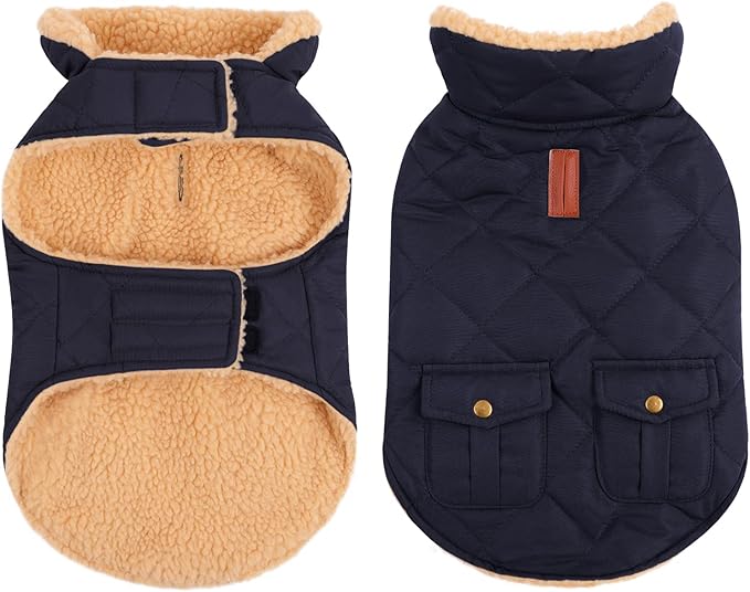 Queenmore Warm Puffer Dog Coat, Quilting Winter Jacket Ultra Thick Plush Lining with Storage Pockets (Dark Navy, Small)