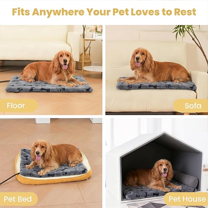 PetTemp Pet Heating Pad for Cats Dogs Indoor & Sheltered Outdoor Waterproof Heated Cat Bed Heated Dog Bed Chew Resistant Cord Constant Temperature Gray Paw Print 26 x 20 Inch