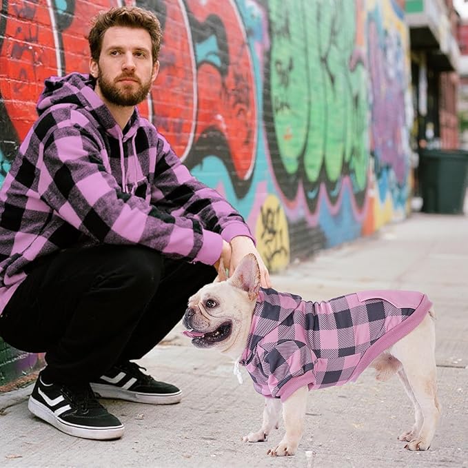 KOOLTAIL Plaid Dog Hoodie Pet Clothes Sweater with Hat and Pocket for Small Medium Large Size Dogs, Soft Winter Warm Dog Cold Weather Coat, Fleece Fall Dog Hooded Sweatshirt for Puppy Cats, Pink S