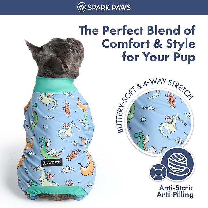 Spark Paws Dog Pajama, Dog Recovery Suit Male, Onesie, Ultra-Soft and 4-Way Stretch, for Small Medium and Large Breeds - Dragons - 3XL