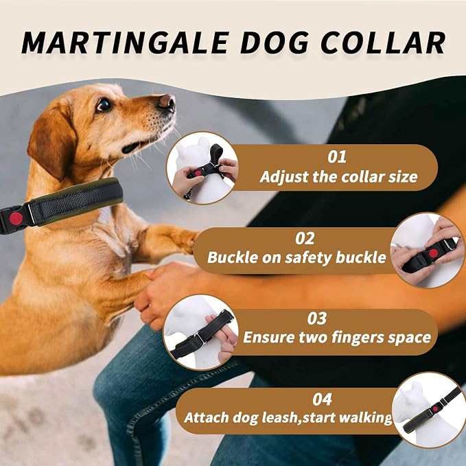 Martingale No Pull Dog Collar for Large Medium Small Dogs, Heavy Duty Nylon Reflective Adjustable Anti Pull Slip Collar with Buckle for Training Walking M Black Army Green