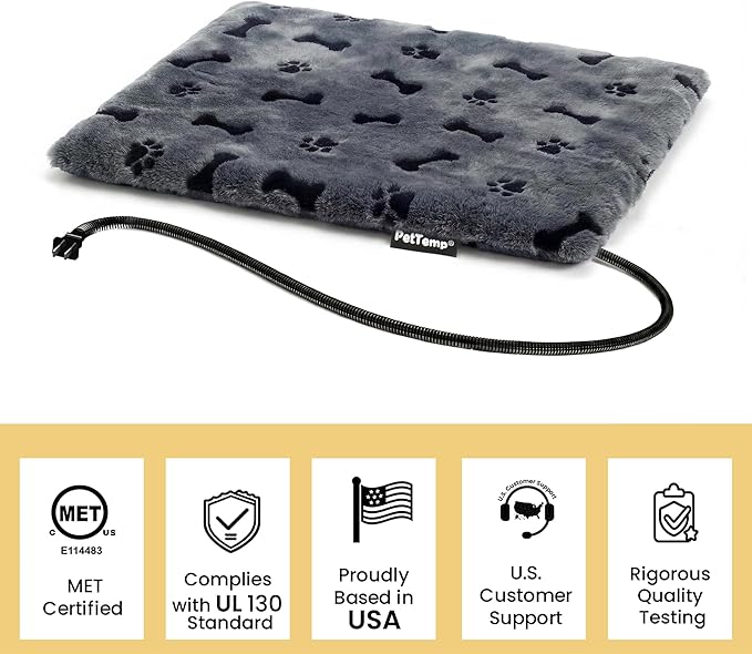 PetTemp Pet Heating Pad for Cats Dogs Indoor & Sheltered Outdoor Waterproof Heated Cat Bed Heated Dog Bed Chew Resistant Cord Constant Temperature Gray Paw Print 20 x 16 Inch