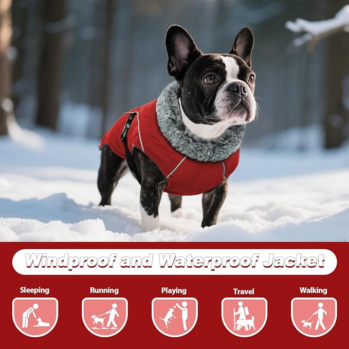 DENTRUN Winter Warm Dog Coat Reflective Jacket with Turtleneck for Cold Weather, Adjustable Buckle Windproof Water Repellent, Thick Snowsuit Fleece Vest for Small, Medium, Large Dogs, Red, L