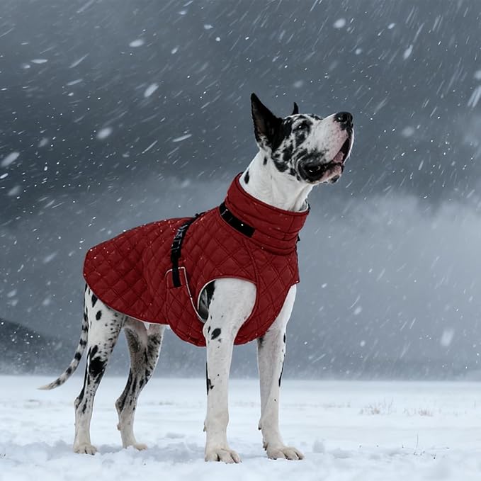 Kuoser Dog Coat Warm Fleece Lining Turtleneck Dog Jacket with Harness Built-in, Adjustable Windproof Cold Weather Coats with Quick Release Buckle Pet Winter Snowsuit for Extra Small Dogs, Red XS