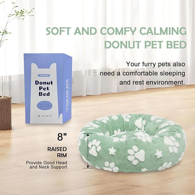 Yaning Donut Dog Beds for Medium Dogs, Calming Round Cat Beds for Indoor Cats, Cute 3D Textured Paw Pet Bed with Removable Washable Cover and Anti-Slip Bottom（Green，30"）