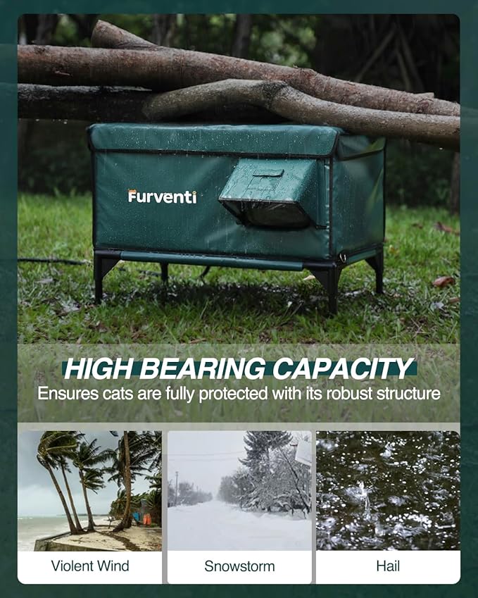 Outdoor Heated Cat House in Winter,Extremely Insulated & Weatherproof,Elevated Feral Cat Shelter with Waterproof Eaves & Escape Door for Outside Stray Barn Cat (Green,S) 17.0"