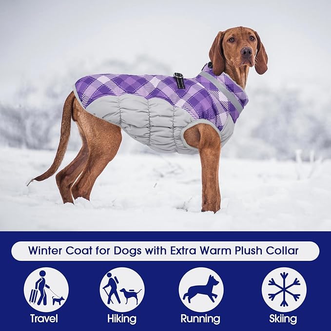 FUAMEY Dog Coat for Large Dogs,Waterproof Dog Winter Jacket with Harness Built in Puppy Cold Weather Coats Reflective Pet Vest with Zipper Warm Fleece Dogs Snowsuit Windproof Purple Plaid L