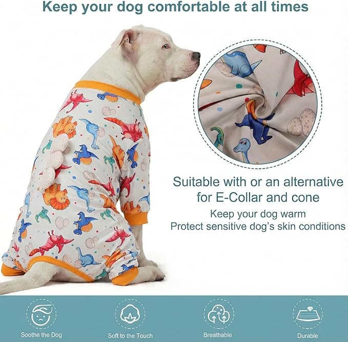 LovinPet Large Dog Pajamas, Four-Leg Stretch Onesie Bodysuit, Lightweight UV-Shielding Pajamas, Anti-Lick Calming Recovery Suit for Surgery, 3D Dino Egg Spikes, Easy on/Off， White， XL