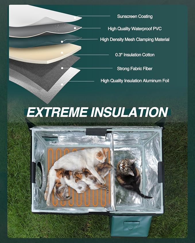 Outdoor Heated Cat House in Winter,Extremely Insulated & Weatherproof,Elevated Feral Cat Shelter with Waterproof Eaves & Escape Door for Outside Stray Barn Cat (Green,S) 17.0"
