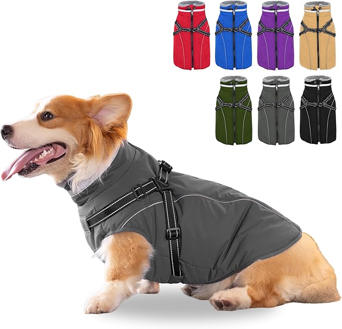 Fragralley Dog Coat with Harness Built in, Waterproof Windproof Reflective Warm Puffer Jacket, Fleece Lined Vest Winter Parka for Small, Medium, Large Dogs