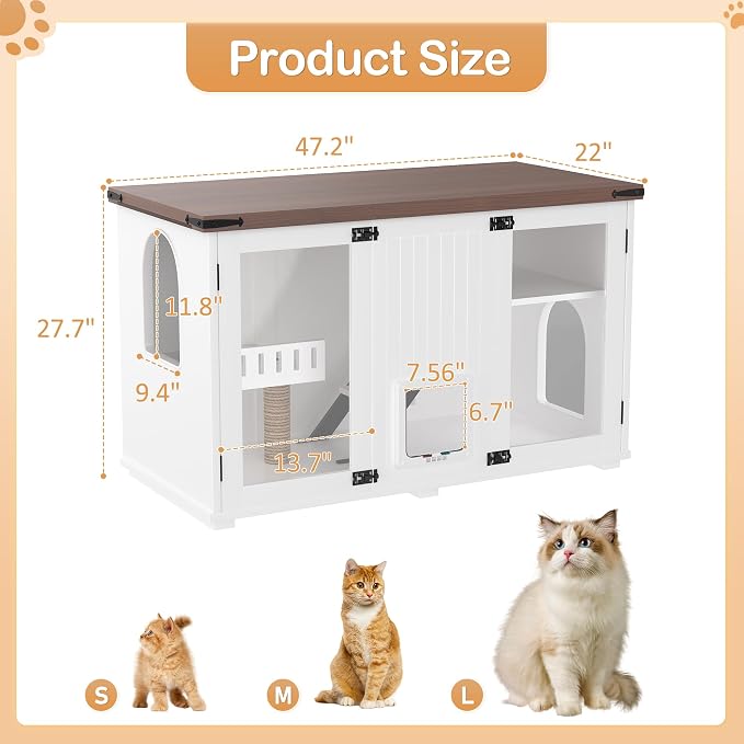 Large Cat Litter Box Enclosure with LED Light, 47.25 Inch Hidden Litter Box Furniture, Cat House with Stairs and Scratching Post, White Cabinet Side Table with Smart Doors