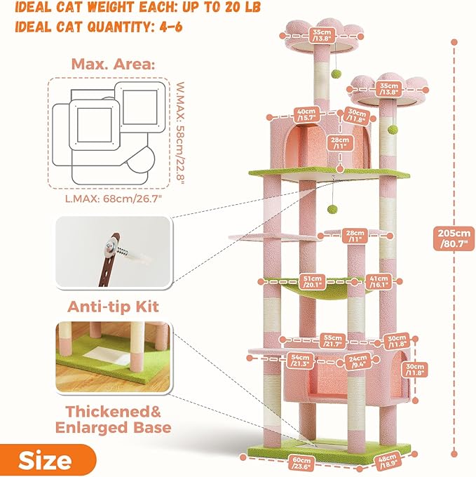 PAWZ Road Flower Cat Tree for Large Cats, 81 Inches Pink Tall Cat Tower with 2 Perches, 2 Condos and Spacious Hammock, XL Extra Large Condo with 7 Scratching Posts for 20lb+ Adult Cats
