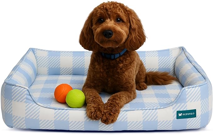 Pupstilo Orthopedic Bolster Dog Bed – CertiPUR-US Foam, Recycled Polyester Canvas, Washable Cover, Anti-Slip Bottom, Large, Light Blue Check – Stylish Designer Dog Sofa