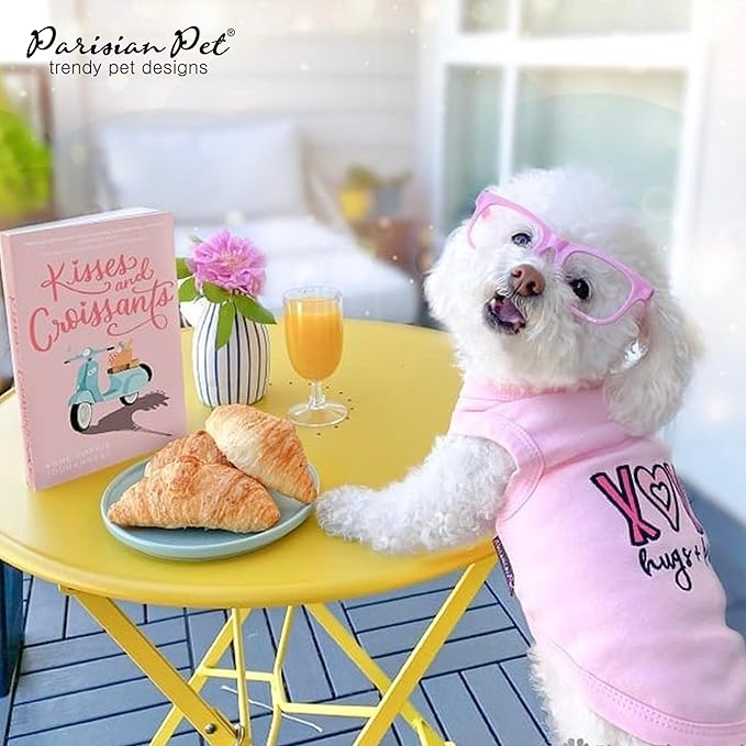 Parisian Pet Dog Tshirt - Embroidered “ XOXO “ 100% Cotton, Tank Top - Lightweight Puppy Clothes Female - Pink Dog Tee Shirts for Large Dogs Girl - L