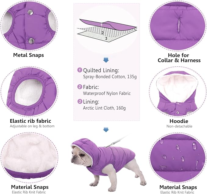 Windproof Waterproof Dog Coat Fleece & Cotton Lined Warm Jacket, Cold Weather Pet Apparel Clothes Vest for Small to Large Dogs (L, Purple)