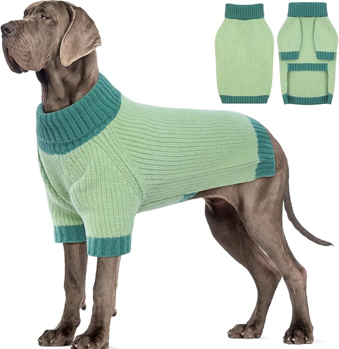 Great Dane Dog Sweater, Warm Stretchy Dog Sweater with Leash Hole, Winter Turtleneck Knit Sweaters for Extra Large Dogs, Thick Christmas Pet Sweaters Cold Weather, Green 5XL