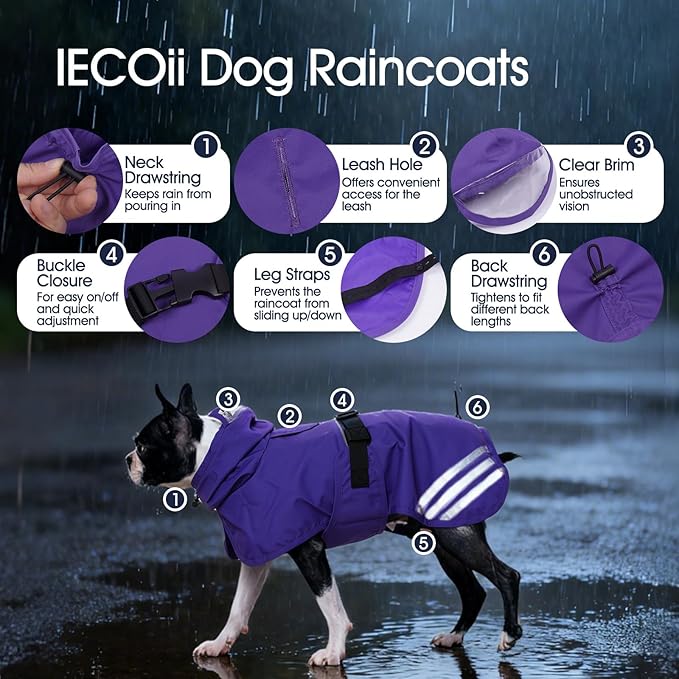 IECOii Waterproof Dog Raincoat with Reflective Strips - Adjustable Dog Rain Jacket for Small Medium Large and Giant Dogs, Windproof Pet Rain Coat with Hood for Outdoor Walking, Hiking, Purple