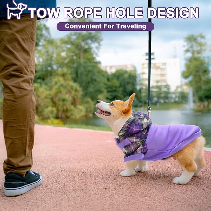 Plaid Dog Hoodie with Hat and Leash Hole, Warm Fleece Sweater for Small to Large Dogs, Soft Pullover in XS to L Sizes