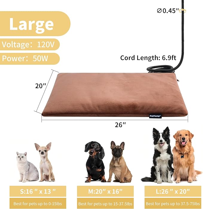 PetTemp Large Pet Heating Pad for Cats Dogs Indoor & Sheltered Outdoor Waterproof Heated Dog Bed Heated Cat Bed Chew Resistant Cord Constant Temperature Brown 26 x 20 Inch