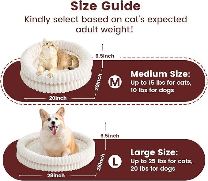 Petinstinct Cat Beds for Indoor Cats, Machine Washable Orthopedic Donut Dog Bed for Small Dogs, Fluffy Round Pet Bed with Anti-Slip Bottom for Puppy and Kitten, White, 20"x20"x6.5"