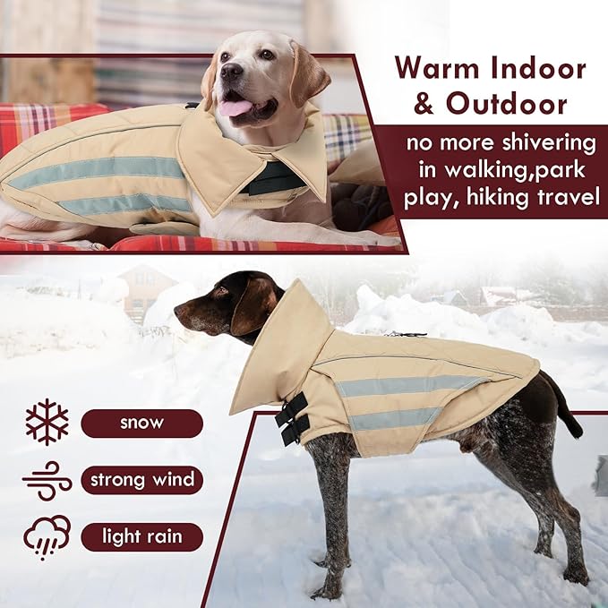Dog Coats for Medium Dogs Waterproof Warm Winter Jacket with Leash Hole Reflective Turtleneck Fleece Snowsuit Hook & Loop Snow Jackets for Dogs, Khaki M