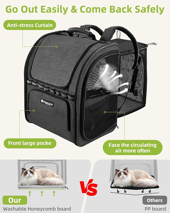 Expandable Cat Carrier Backpacks with Breathable Mesh, Pet Carrier Backpack for Cats Small Dogs Puppies Up to 20 Lbs, Dog Carrier Backpack Great for Travel/Hiking/Camping/Outdoor-Grey with Green