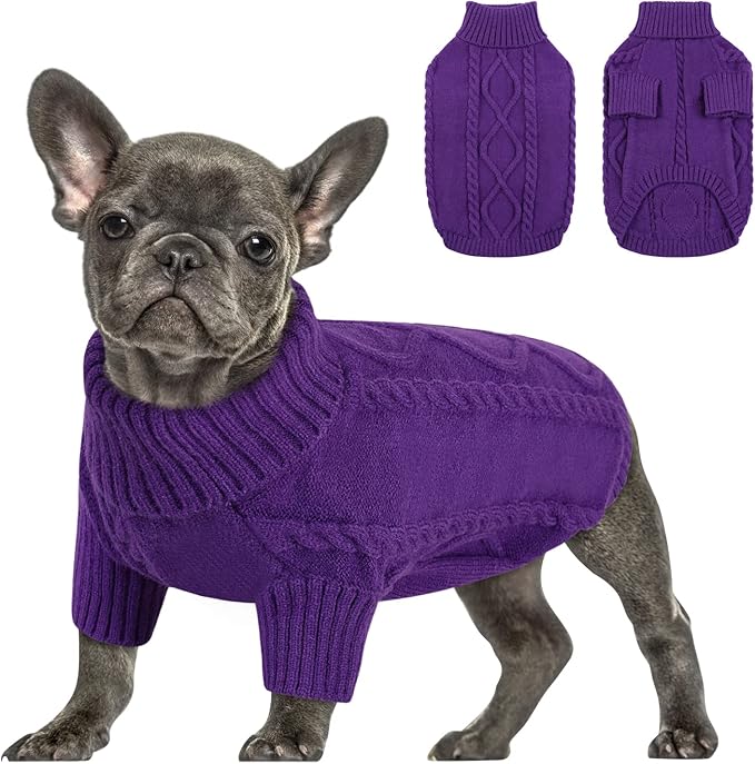 Queenmore Small Dog Pullover Sweater, Cold Weather Cable Knitwear, Classic Turtleneck Thick Warm Clothes for Chihuahua, Bulldog, Dachshund, Pug (Purple, X-Small)