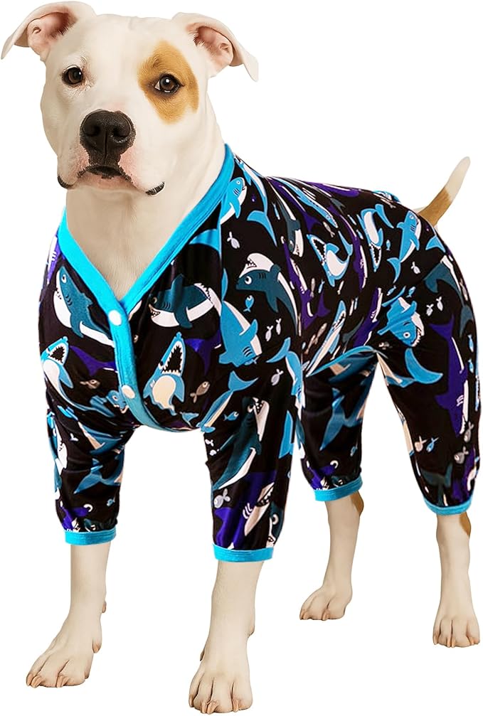 LovinPet Large Dog Shirt - Pet Anxiety Relief, Anti-Shedding Dog Pajamas, Lightweight Stretchy Fabric, Whale Hello There White Print, Large Pitbull Pajamas, Pitbull Clothes All Season/XL